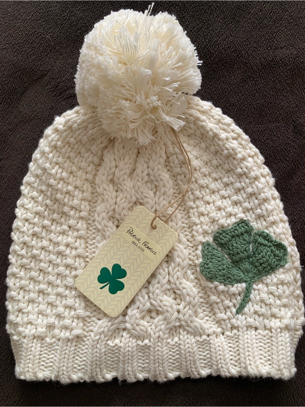 PATRICK FRANCIS Ireland Aran Creme’ color Shamrock Bobble knit hat NWT